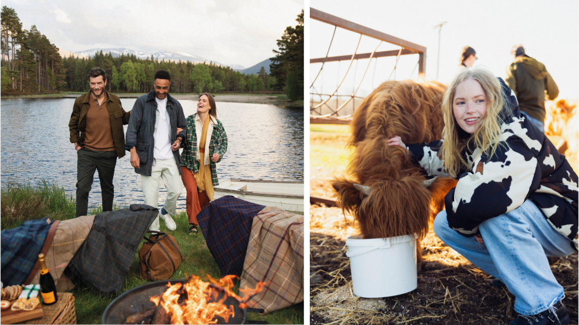 A flat lay of outdoor travel clothing including a jacket and knitwear.