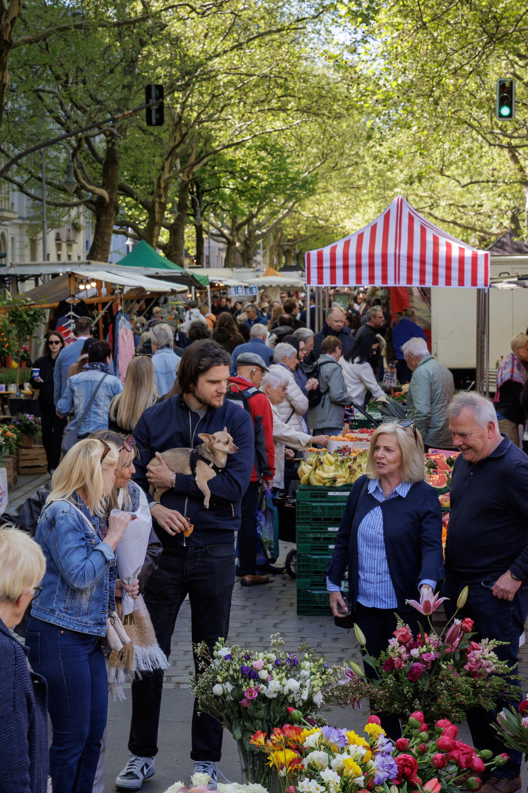 A bustling outdoor farmers market at Kollwitzplatz with people browsing various food stalls.
