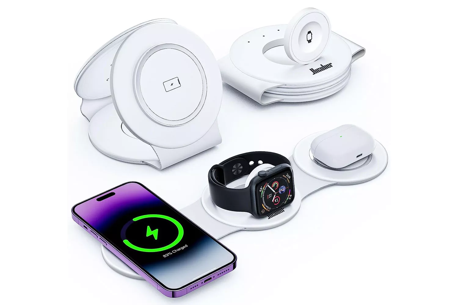 White 3-in-1 wireless charging station holding an iPhone, Apple Watch, and AirPods.