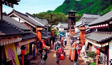 A traditional Japanese heritage site with ornate architecture nestled in a forest.
