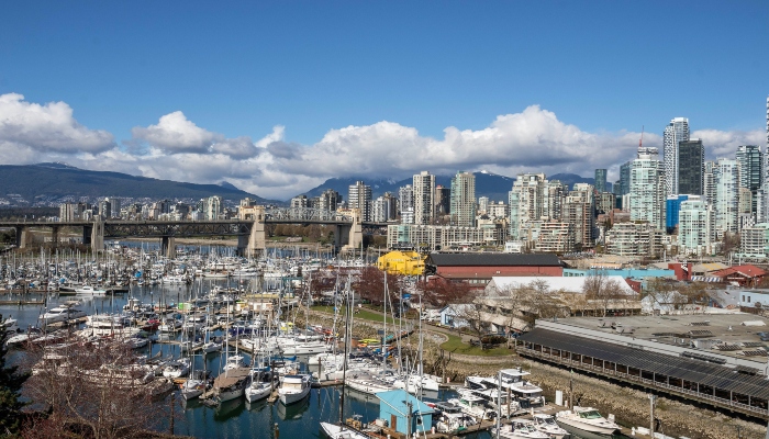 Aerial view showing the buildings and marinas of Granville Island in Vancouver.