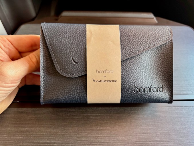 A Bamford amenity kit containing luxury skincare products for Business Class passengers.