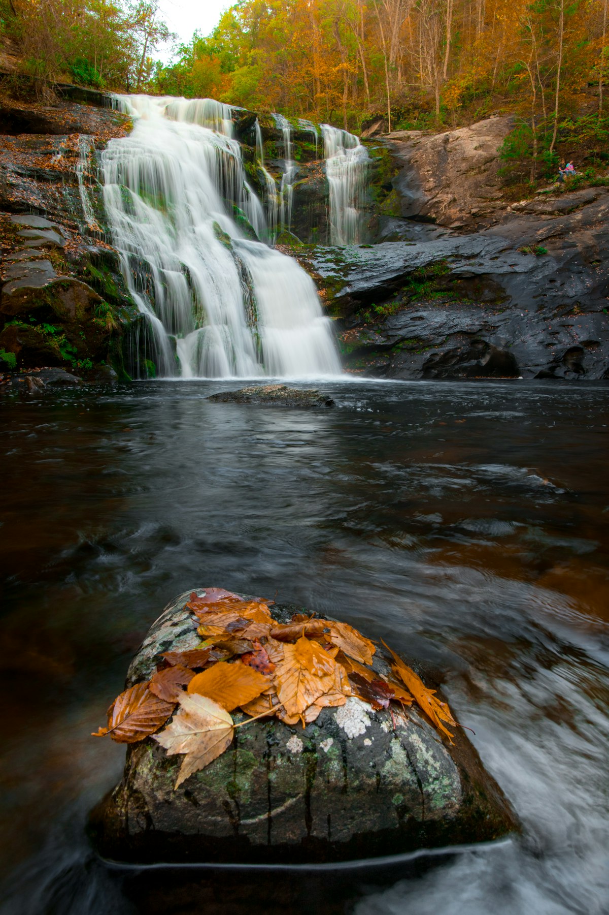 A scenic waterfall cascading over mossy rocks in a forested park area in Lazio.