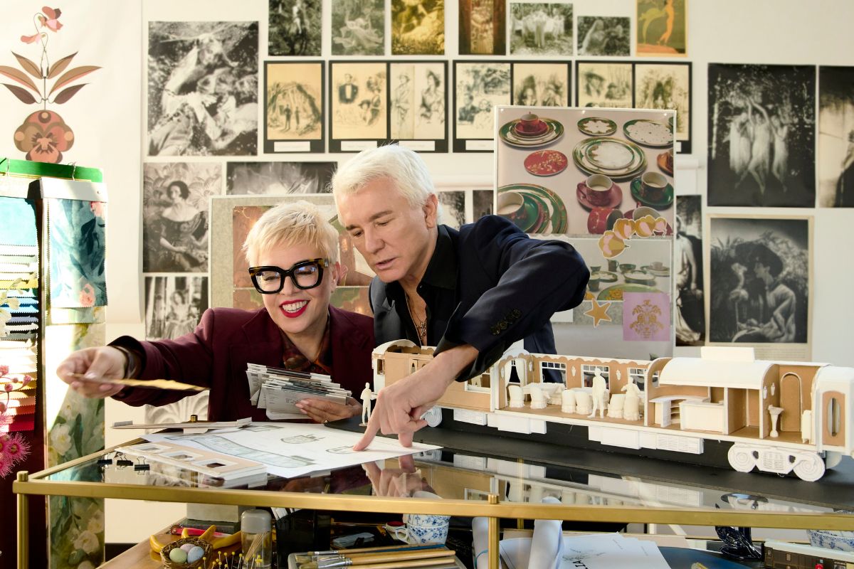Filmmaker Baz Luhrmann and costume designer Catherine Martin collaborating on the design of the Celia carriage.