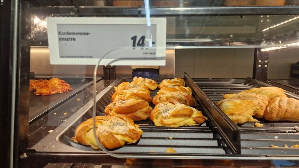 A display of cardamom buns in the bakery section of a Lidl store in Copenhagen.