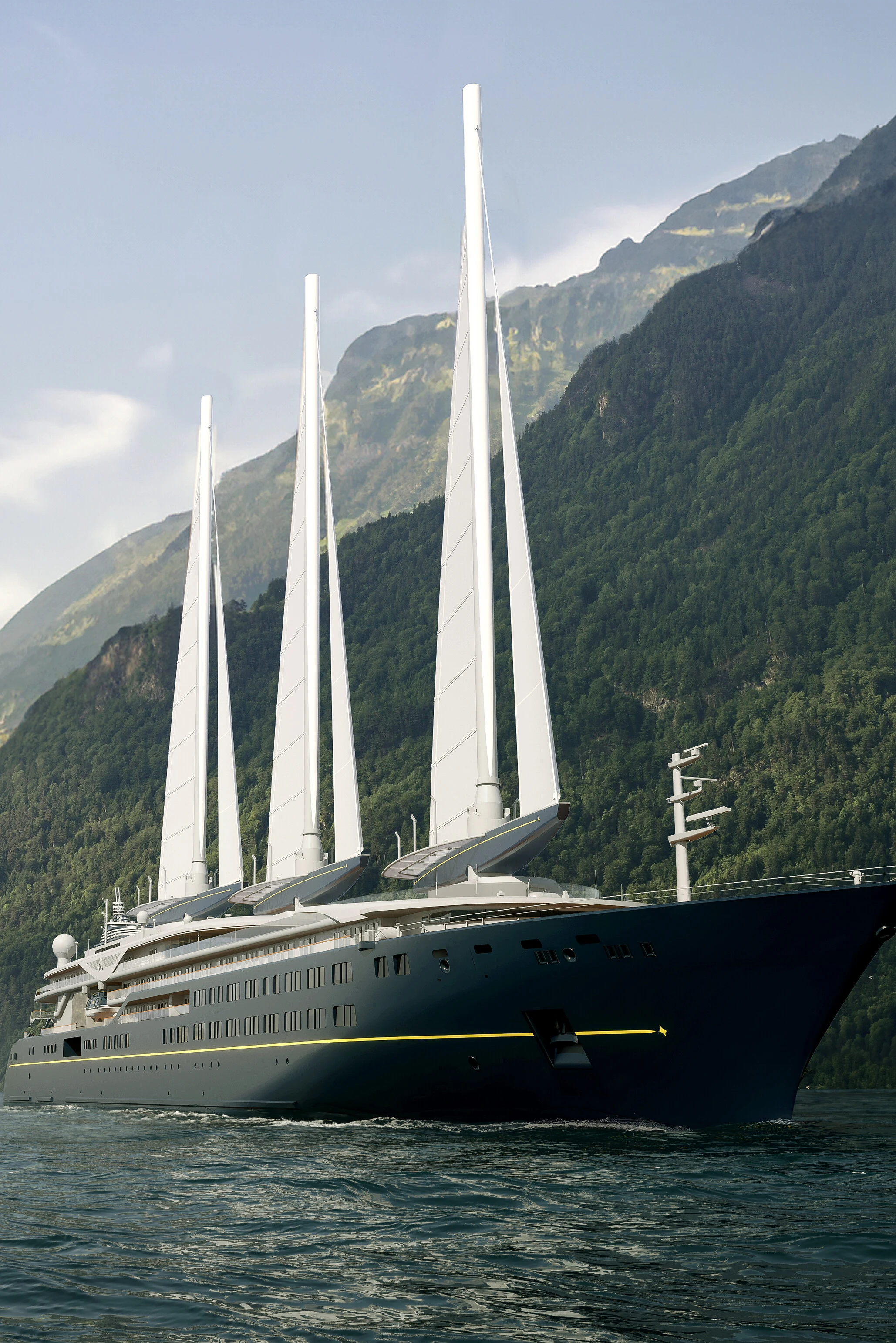 The exterior architecture of the Orient Express Corinthian featuring its massive sails and sleek hull.