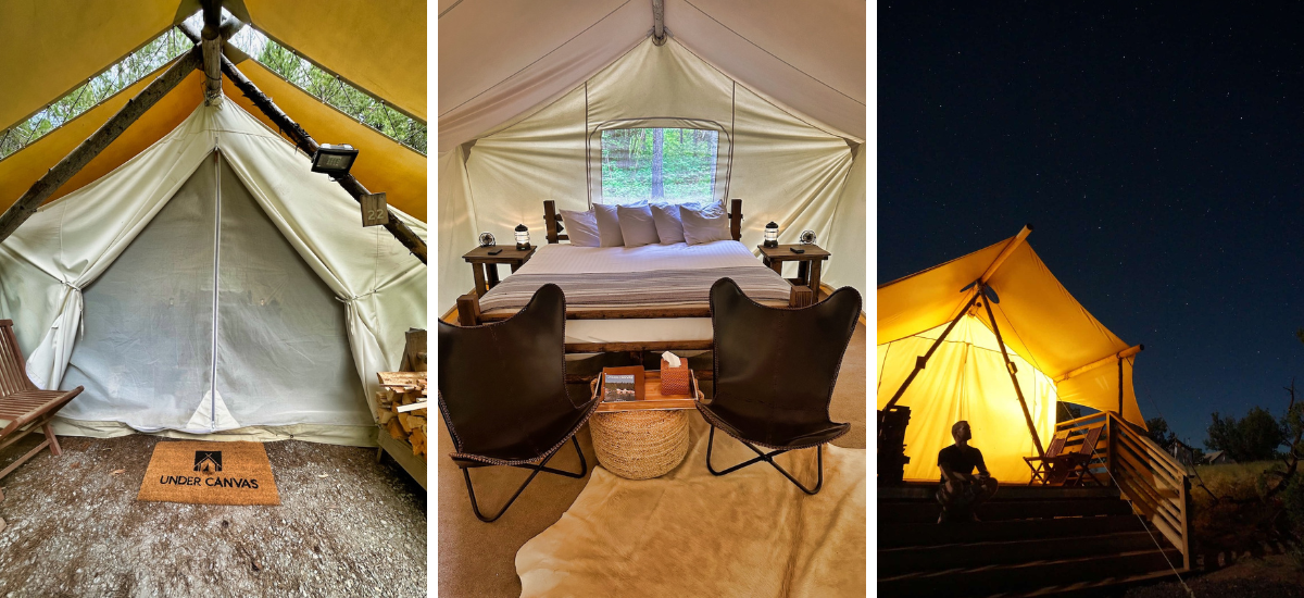 White safari-style glamping tents at Under Canvas Zion set against the Utah desert.
