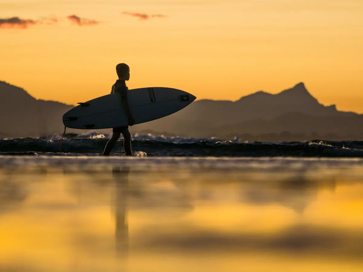A surfer silhouetted against a golden sunset catching a wave.