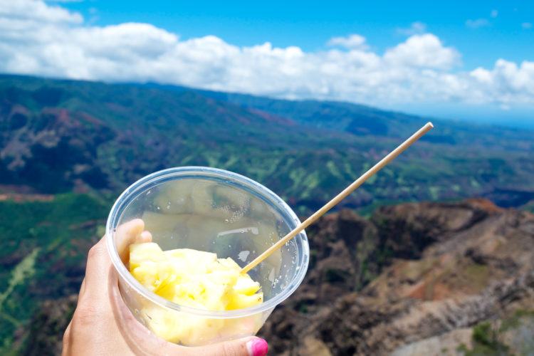 Vast canyon with red rock walls and patches of green vegetation under a blue sky.