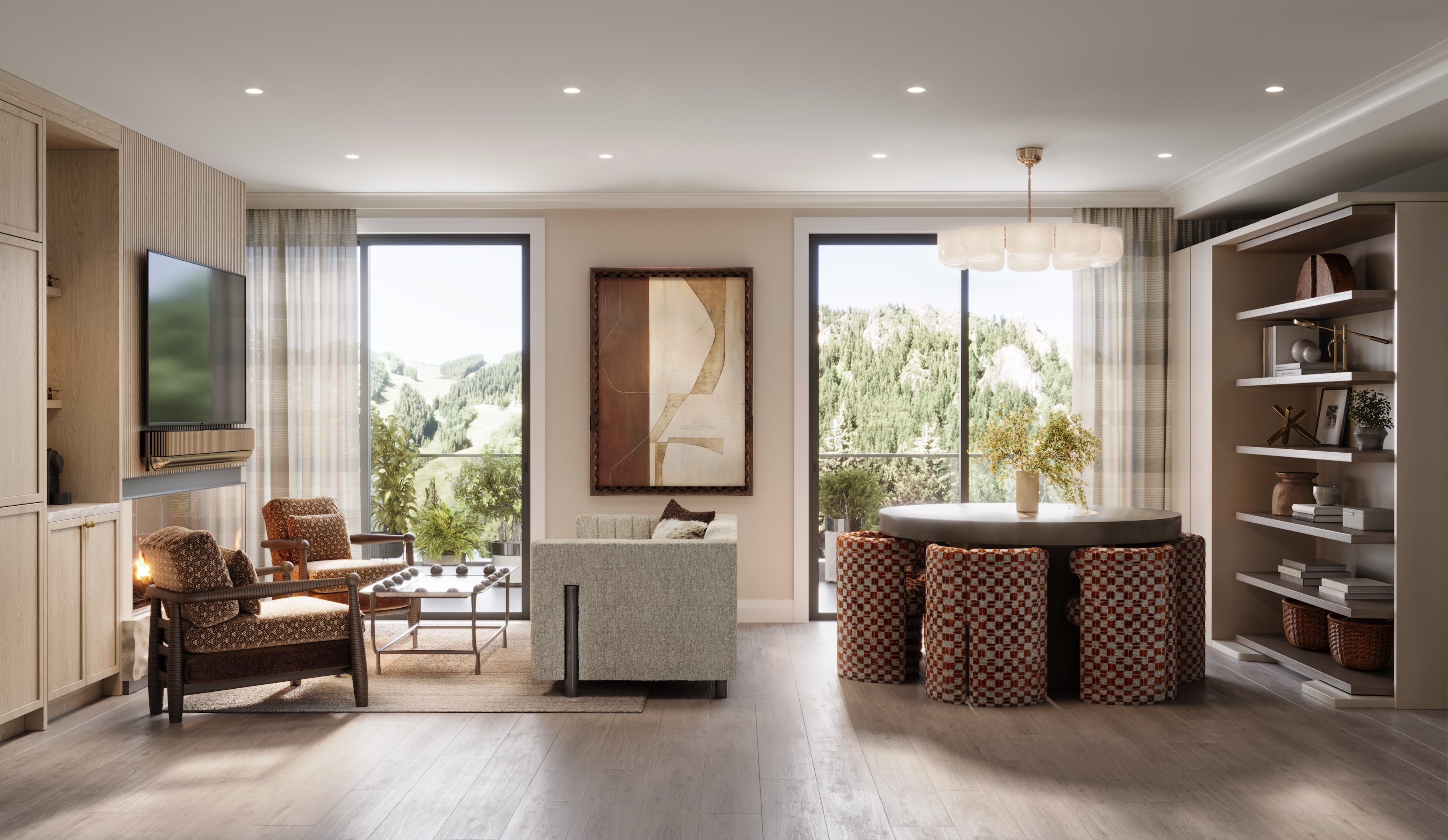 A chic, modern living room with a fireplace and minimalist mountain-inspired decor.