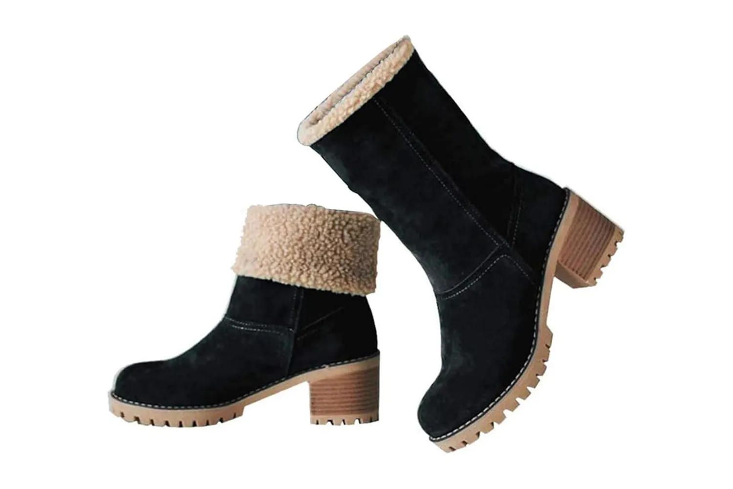 Brown suede ankle boots with a comfortable mid-height chunky heel.