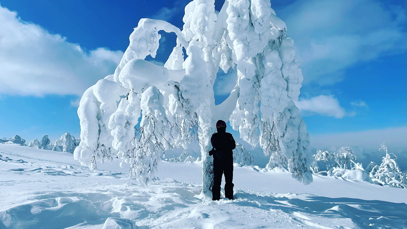 A heavy snowstorm burying a street in a Japanese ski town.
