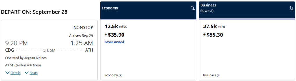 Screenshot of a United Airlines award flight summary showing a multi-city itinerary in Europe with mileage savings.