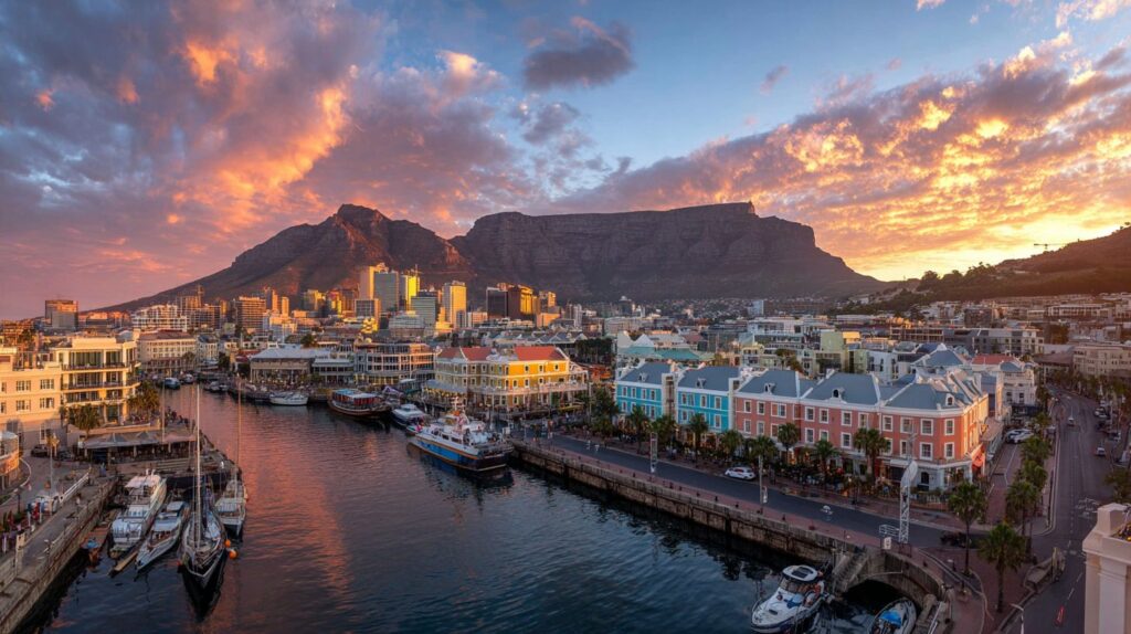 Aerial view of Cape Town coastal neighborhoods meeting the turquoise ocean water.