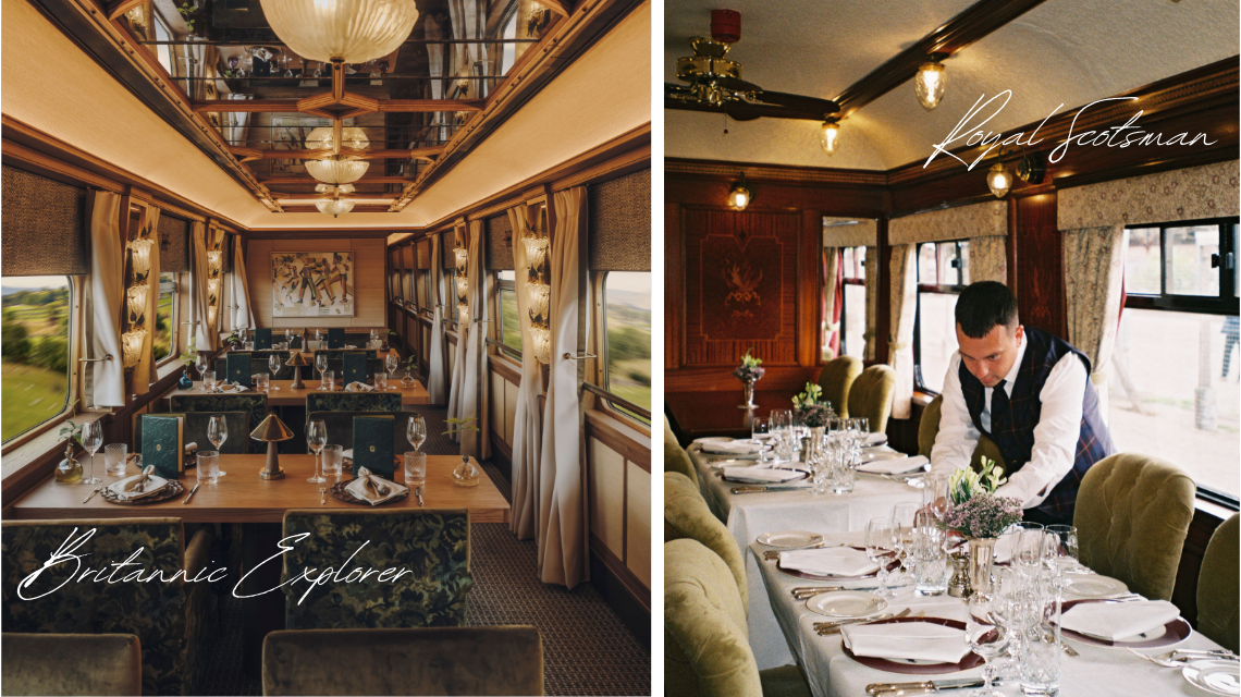 A luxury train dining car with elegantly set tables and plush seating.