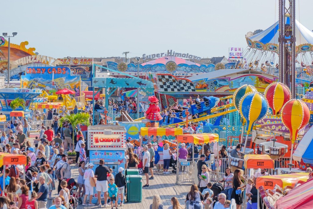 Amusement park rides and crowds at Jenkinson's Boardwalk in Point Pleasant.