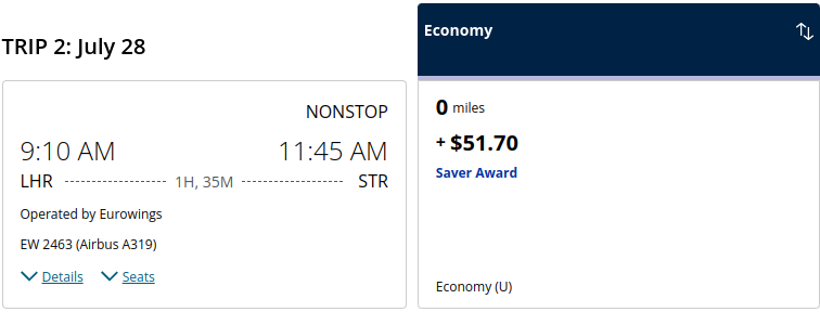 A flight search result on United's website showing a price of 0 miles plus taxes and fees.
