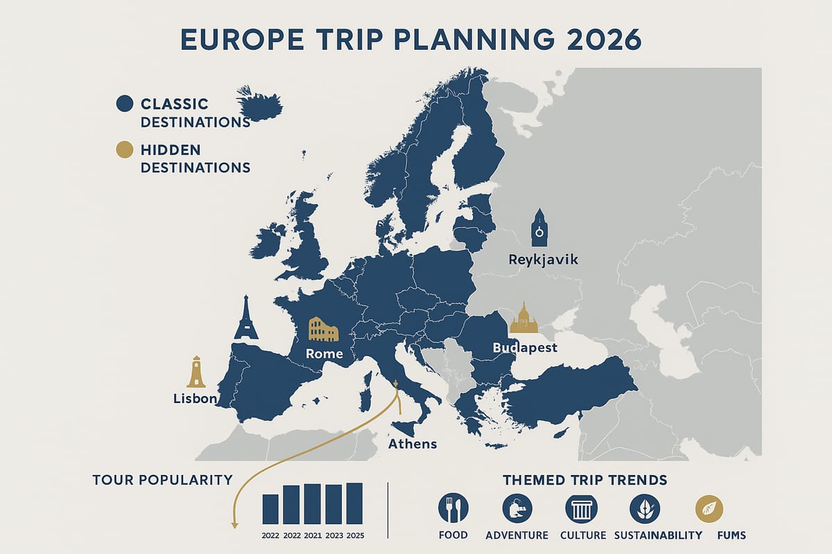 An infographic map highlighting top travel destinations and suggested itineraries in Europe.