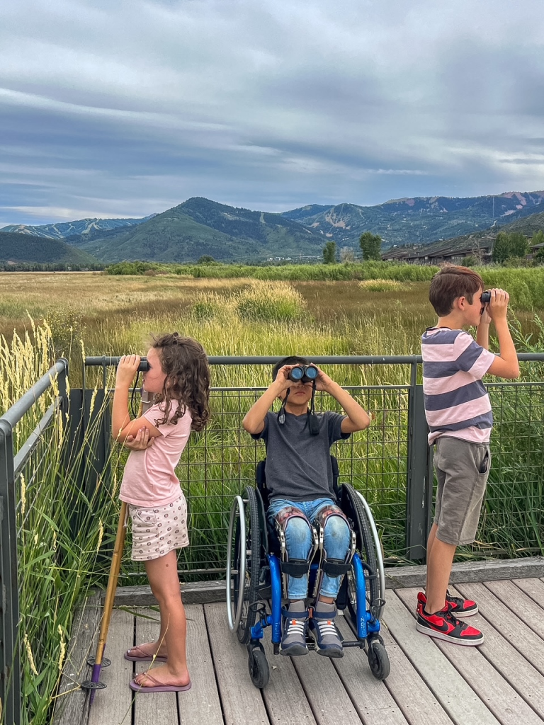 Two children using binoculars on a wooden boardwalk at Swaner Preserve.