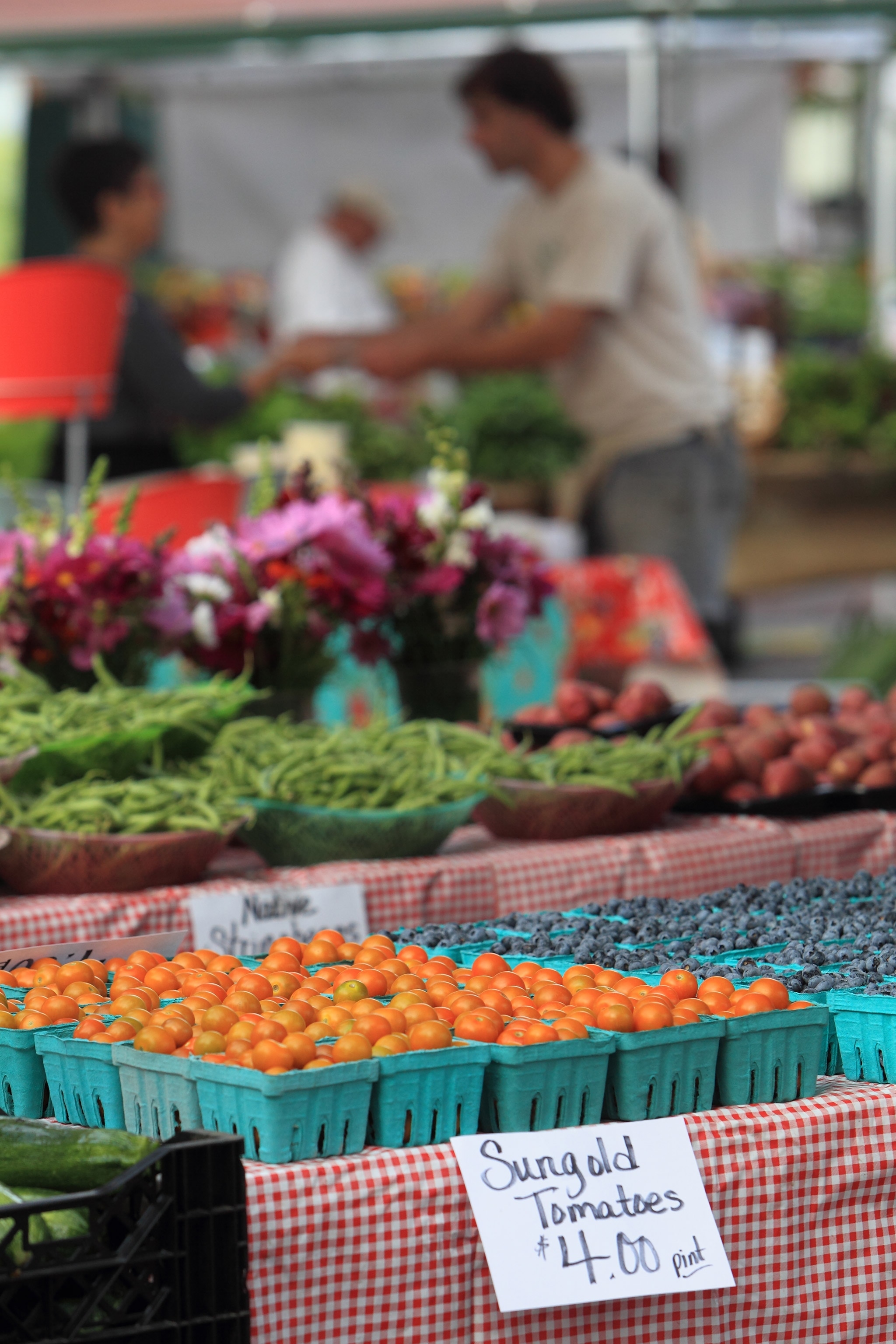 Abundant display of fresh vegetables, fruits, and flowers at the Portland farmers market.