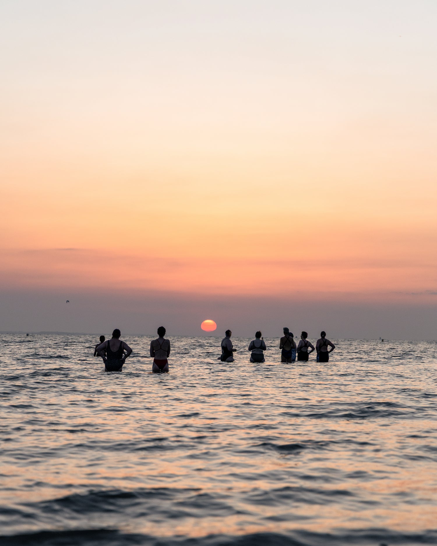 Wild swimmers in the ocean with the famous white chalk cliffs of Dorset in the background.