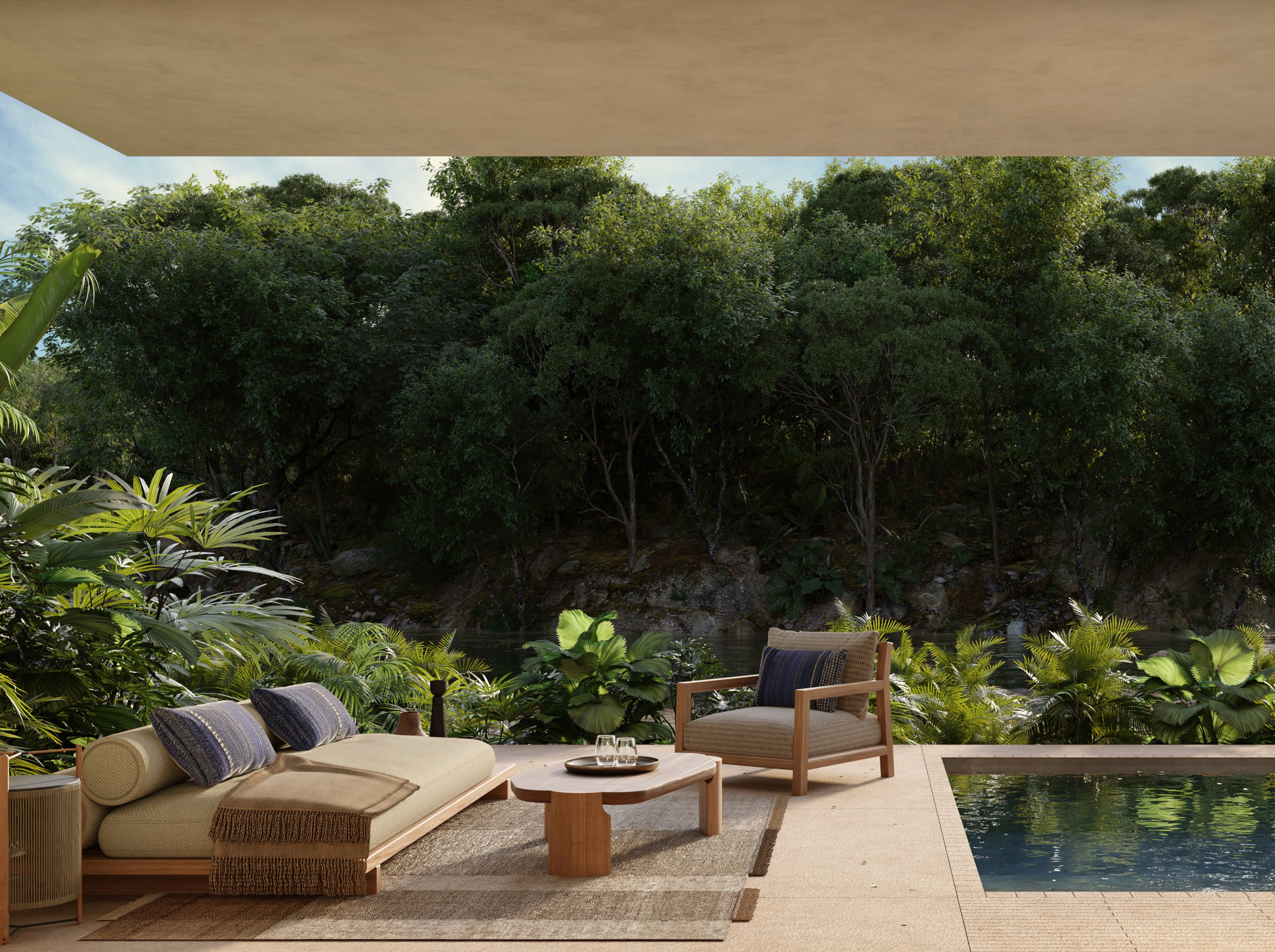 Modern tropical resort architecture with clean lines and palm trees in Riviera Maya.