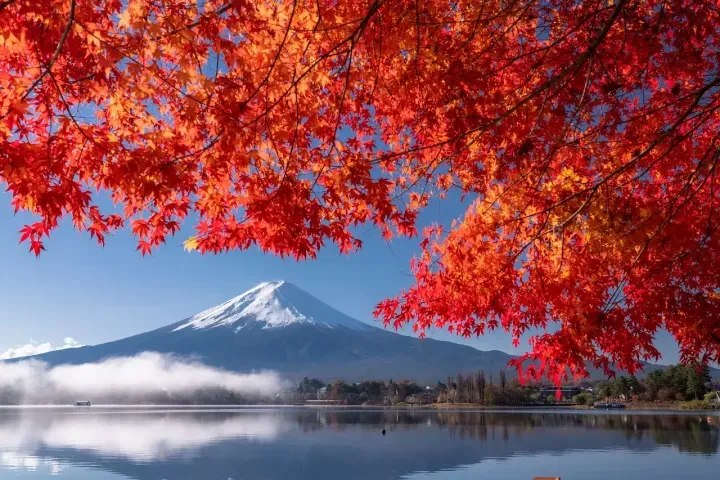 The silhouette of Mount Fuji reflected in the calm waters of a lake during the autumn season.