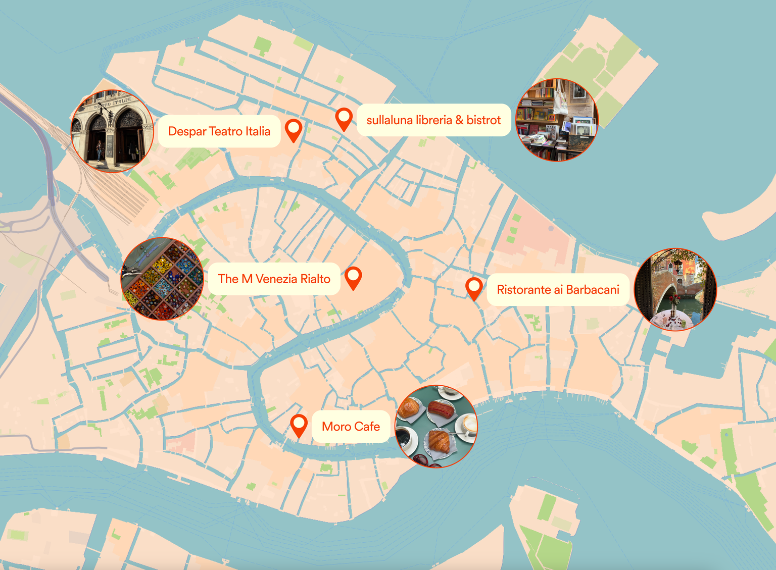An artistic map of Venice illustrating various neighborhoods and travel points.
