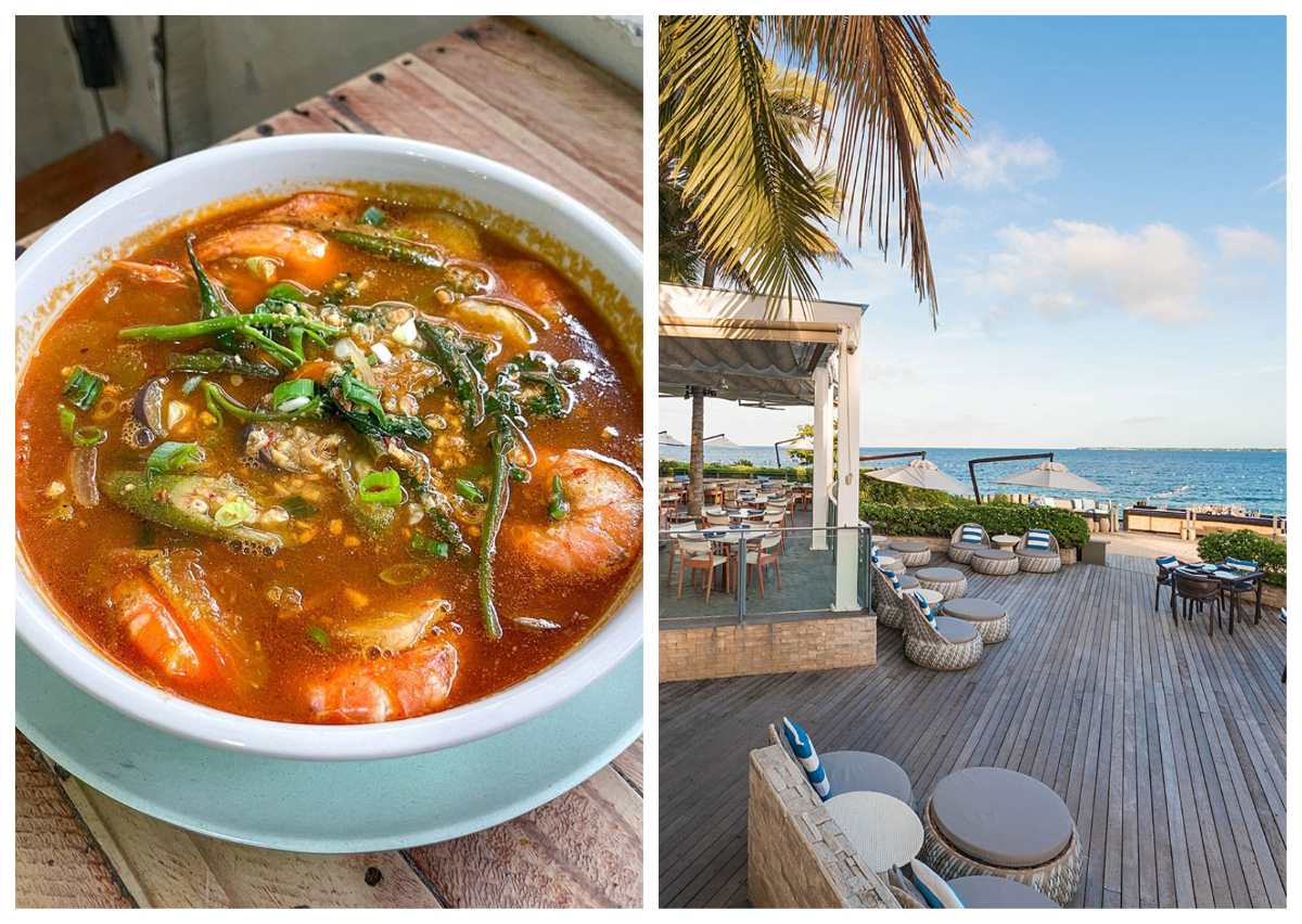 A variety of fresh seafood dishes served in a coastal Southeast Asian setting.