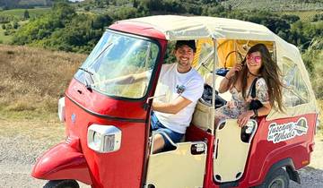 A romantic couple standing in a Tuscan vineyard during the golden hour.