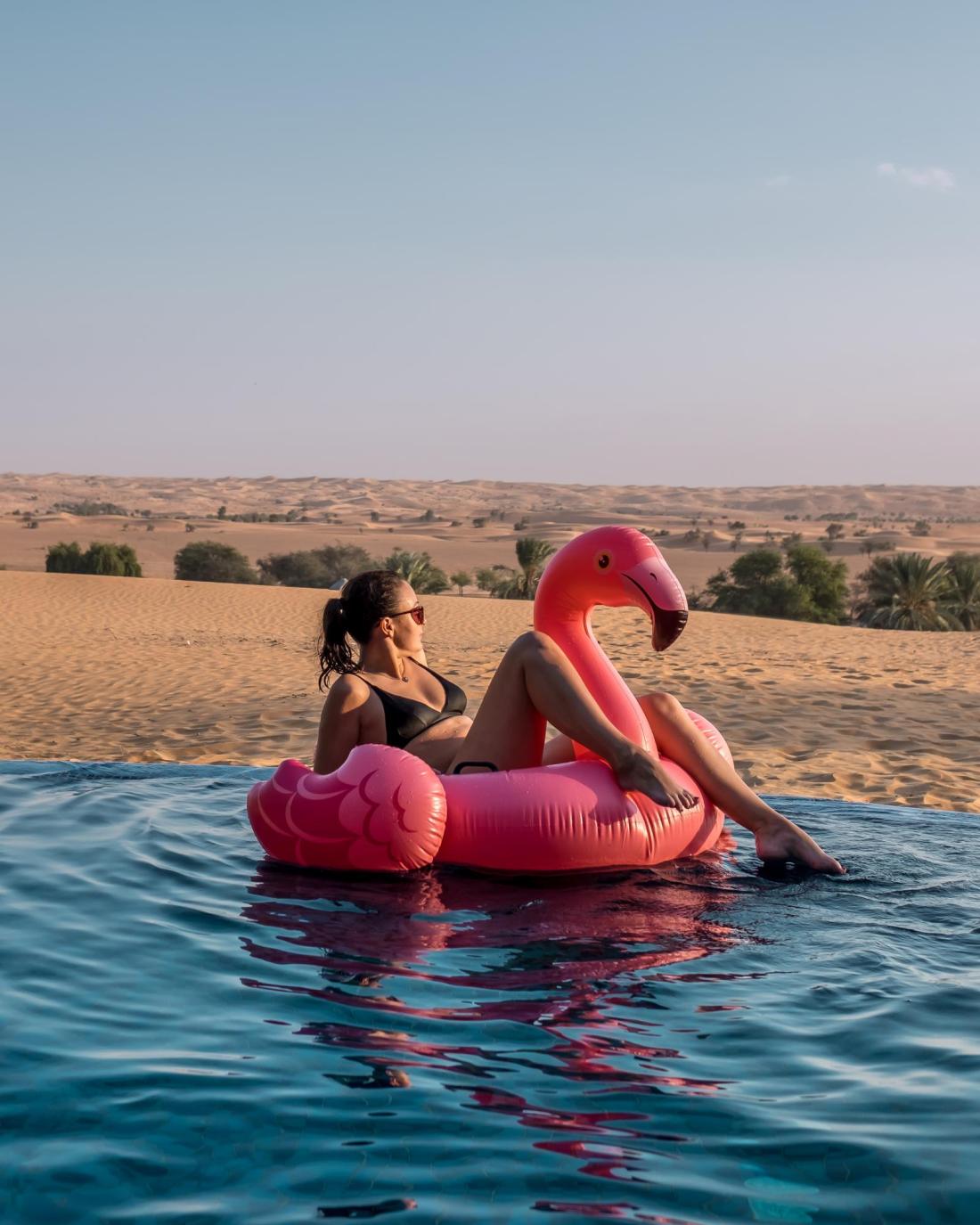 An Arabian Oryx standing on a sand dune near the Al Maha Desert Resort.