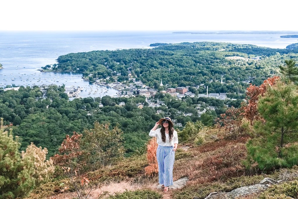 A high-angle view from Mount Battie looking down over the harbor and town of Camden.