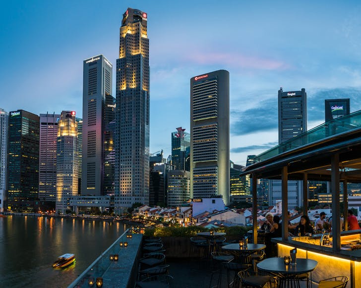 Panoramic view of Singapore River and Marina Bay Sands from Southbridge rooftop