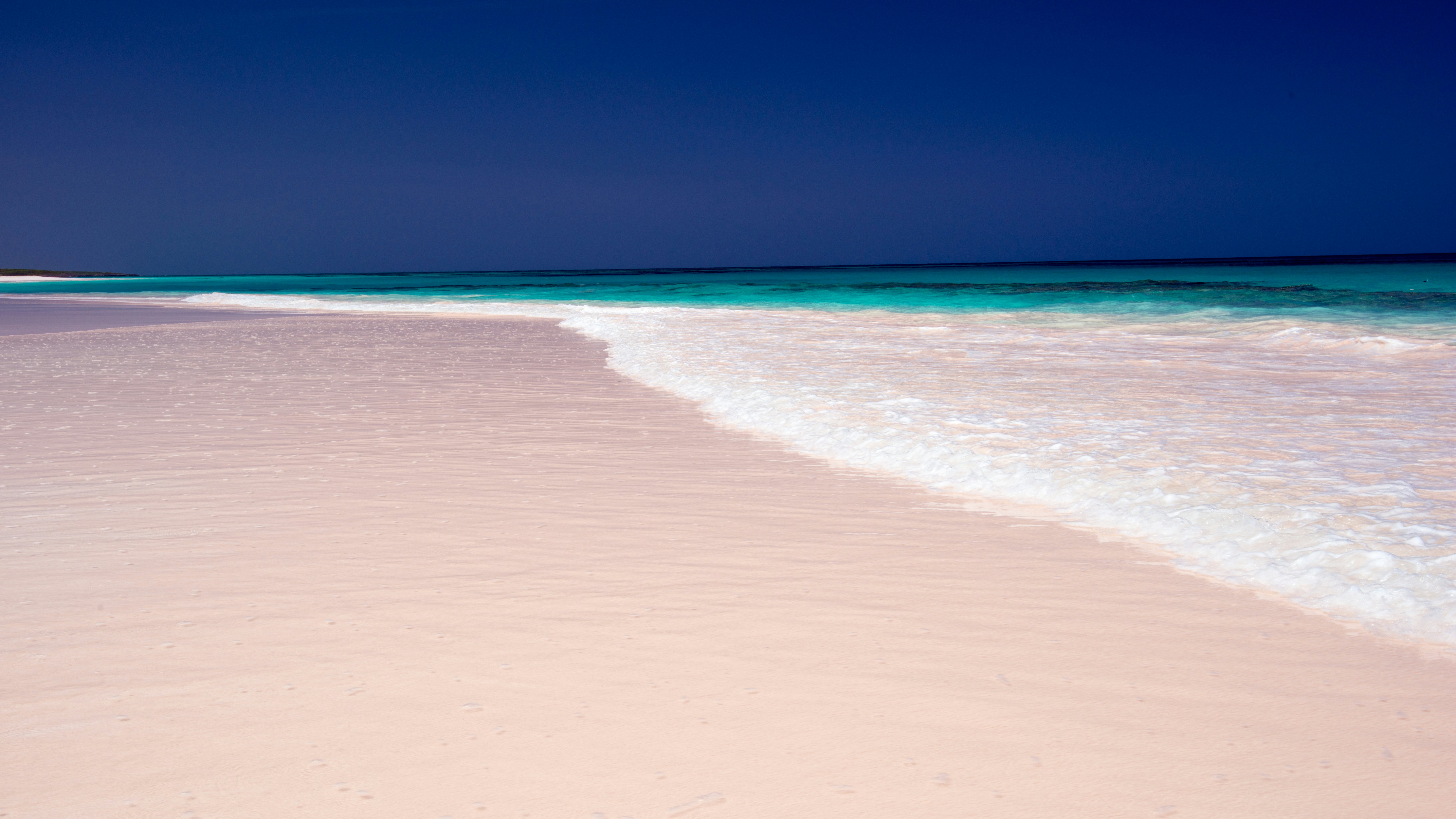 A wide view of a beach with distinctive pink-tinted sand meeting bright turquoise Caribbean waters.