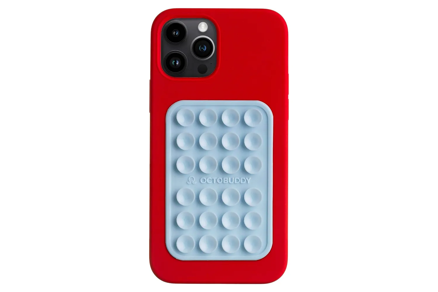 Pink silicone suction-cup phone case mount attached to the back of a smartphone.