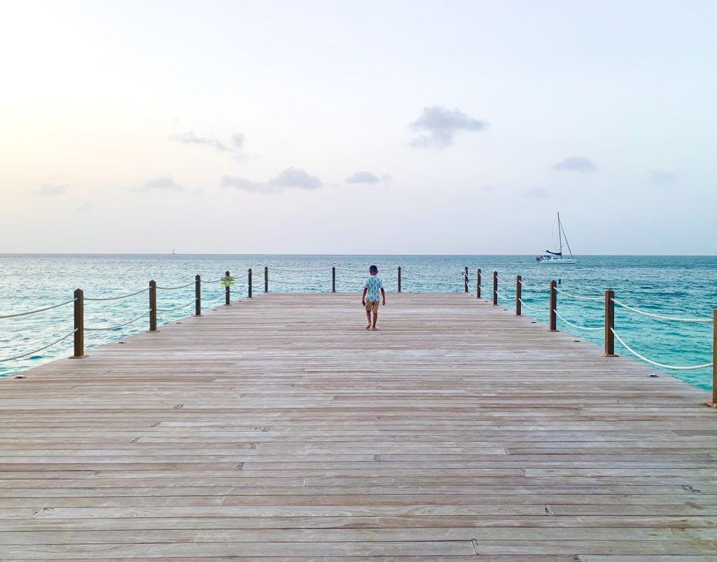 A long wooden pier extending into the bright blue ocean with a clear horizon.