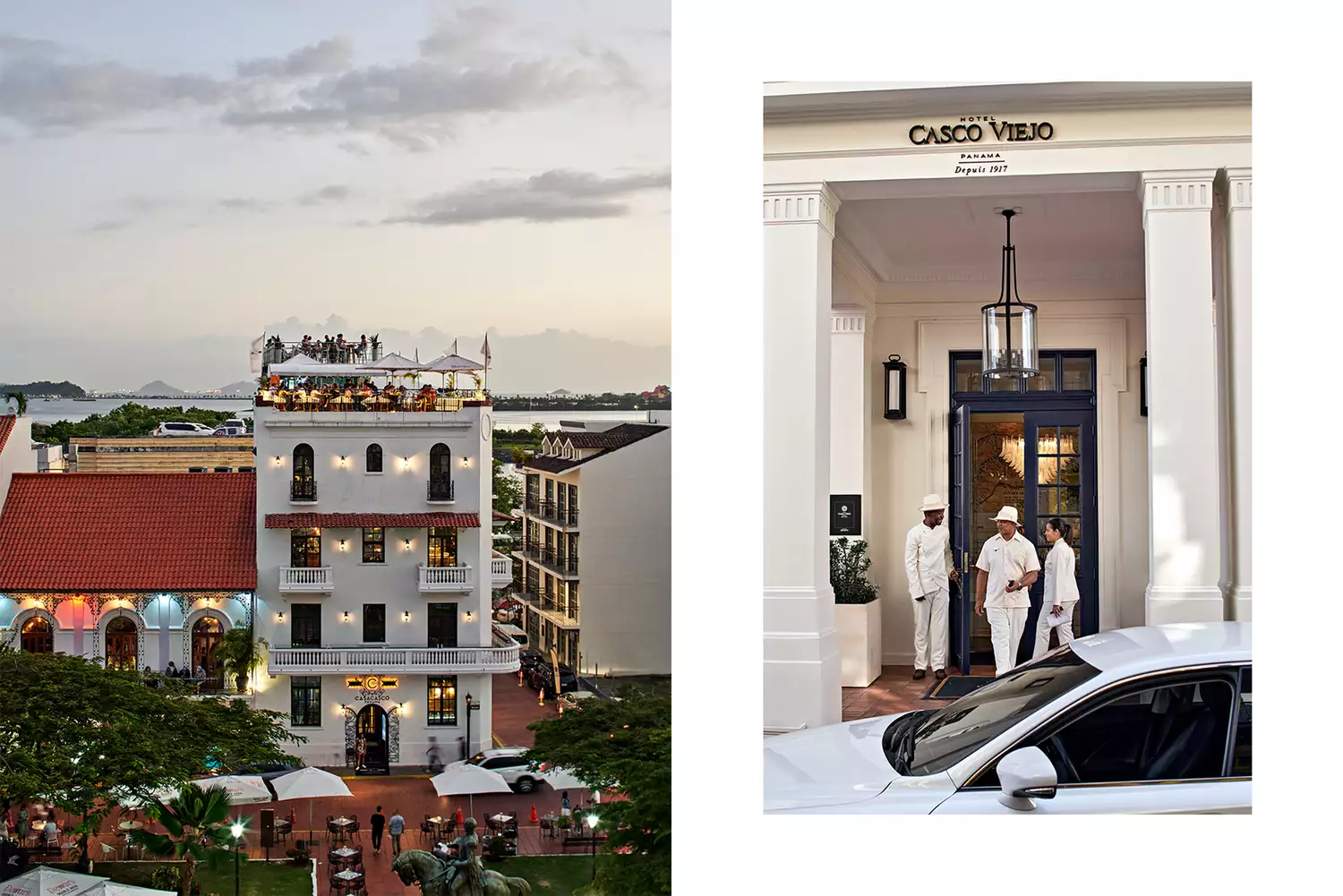The entrance of Sofitel Legend Casco Viejo and a rooftop bar in the historic quarter.