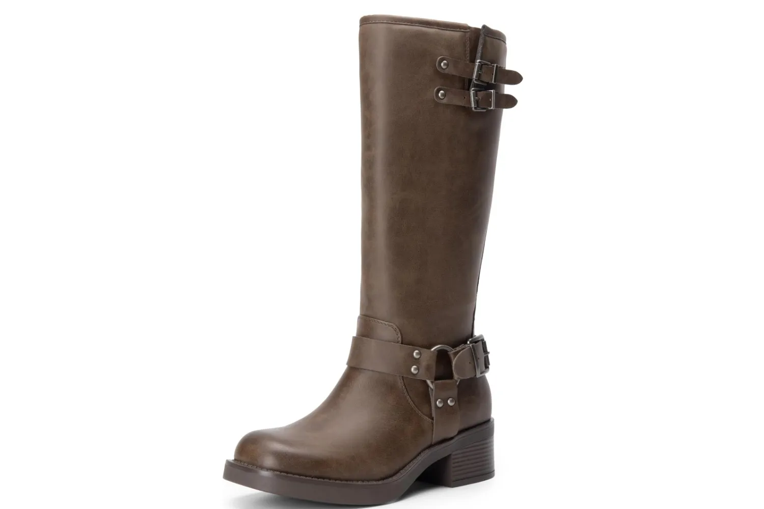 Black knee-high motorcycle boots with buckle details and a side zipper.