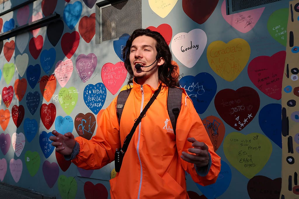Vibrant and large-scale contemporary street art mural on a building in the Palermo Soho district.
