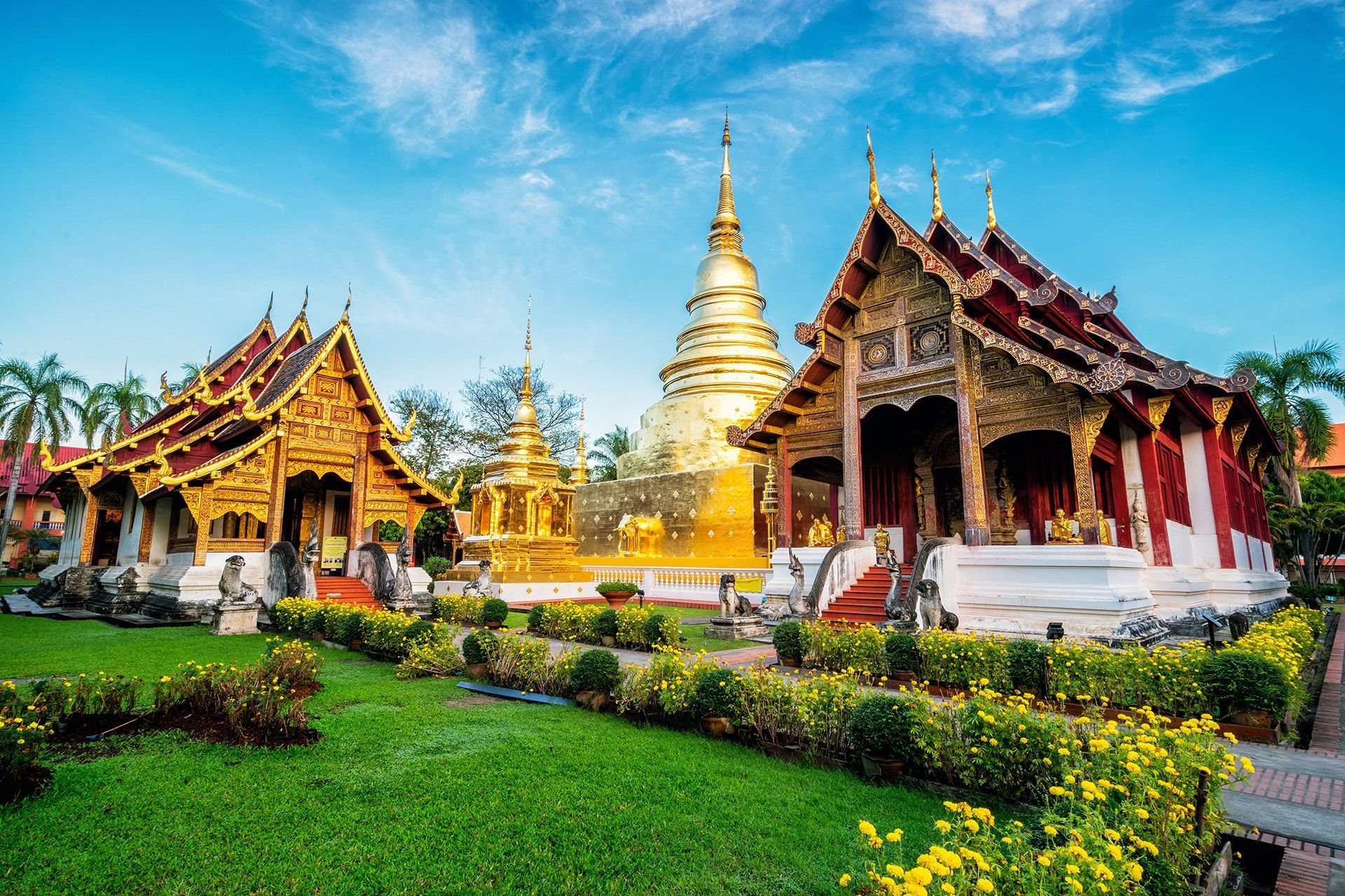 Ornate golden temple architecture in Chiang Mai with intricate roof details.