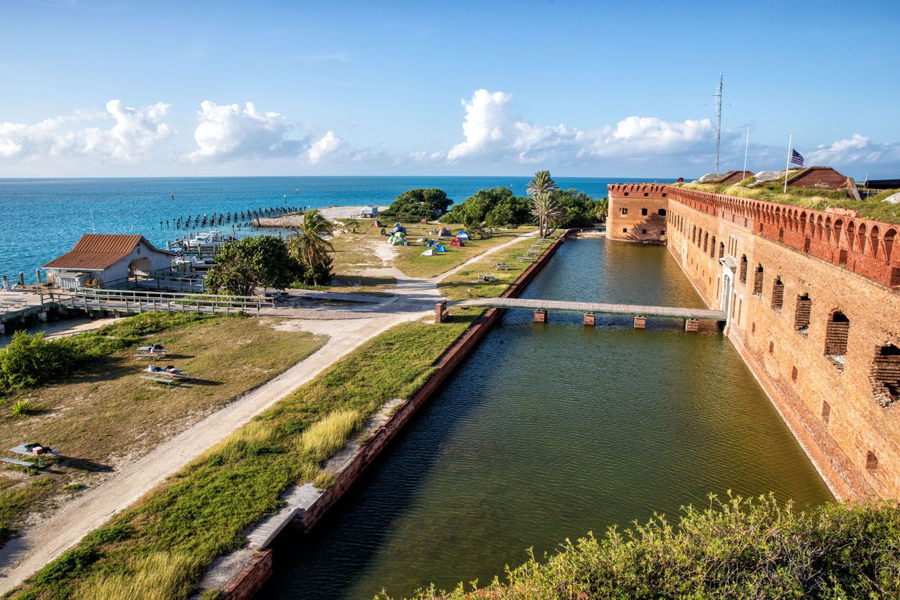 Wide view of the Garden Key dock and ferry landing area seen from the top level of Fort Jefferson.