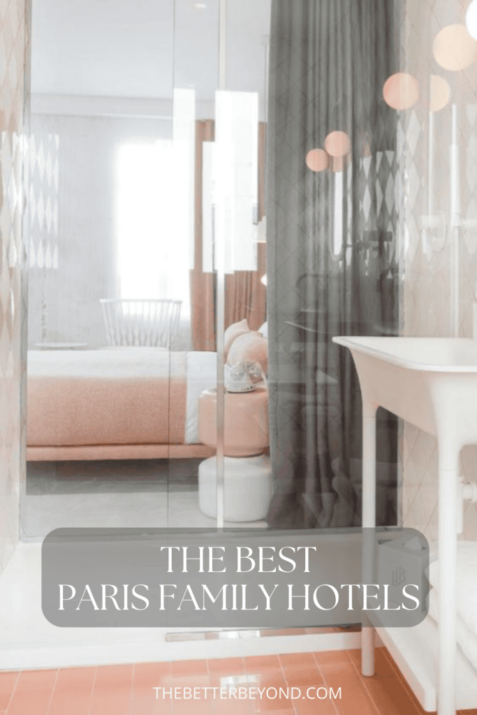 A collage showing various Parisian landmarks and family-friendly hotel settings.