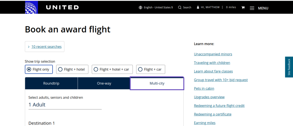 The United.com booking interface with the 'Multi-city' radio button selected.