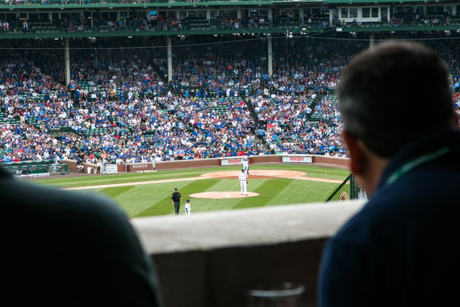 A wide view of Wrigley Field during a Chicago Cubs baseball game.