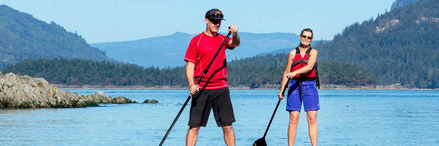Forested islands and calm blue waters of the Gulf Islands in British Columbia.