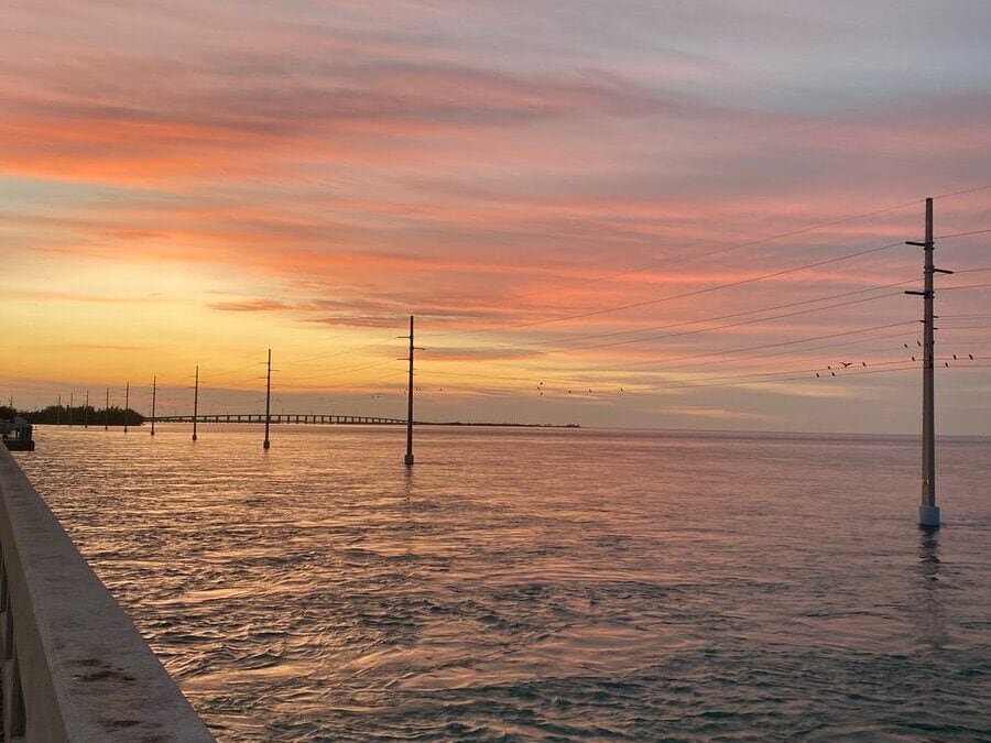 A serene sunset over the calm ocean waters in the Florida Keys.
