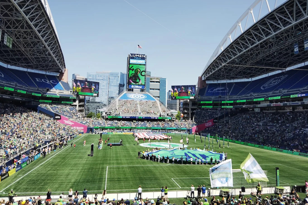 Exterior view of the large Lumen Field stadium in Seattle.
