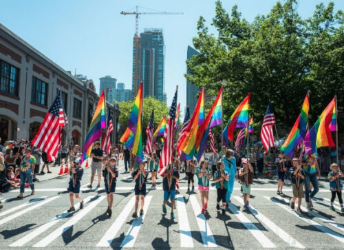 Group of people marching with a Seattle Pride banner promoting advocacy and inclusion.