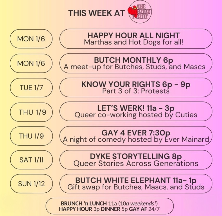 A graphic showing the weekly event schedule at The Ruby Fruit.