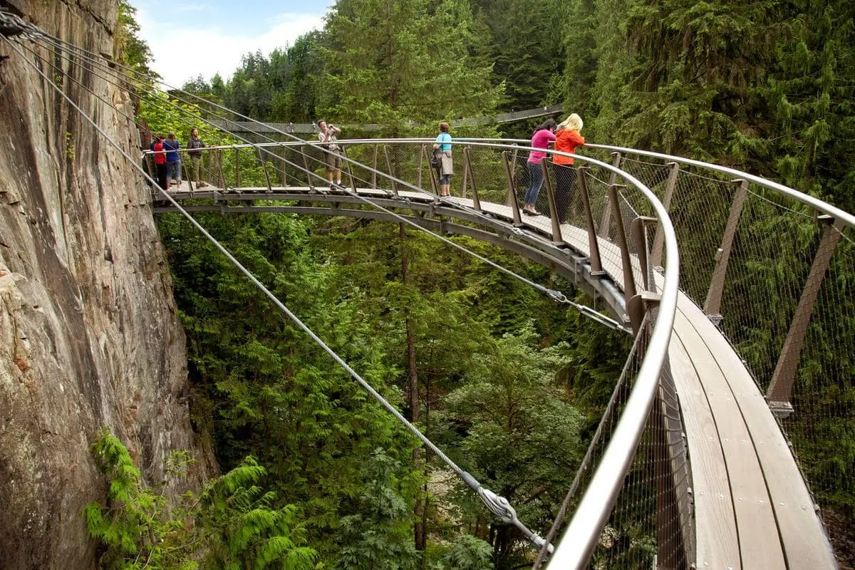 The Capilano Suspension Bridge surrounded by a lush, green temperate rainforest.